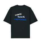 Back view of black LSTHRS T-shirt featuring the Make Memories design in white and blue