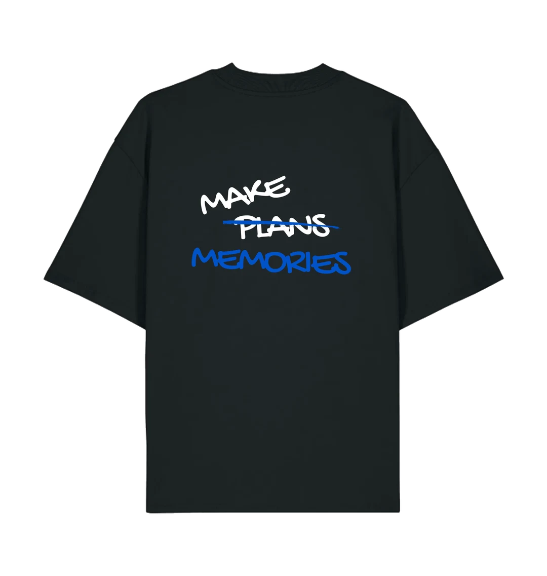 Back view of black LSTHRS T-shirt featuring the Make Memories design in white and blue