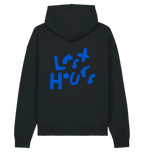 Black LSTHRS hoodie with bold blue Last Hours print on the back
