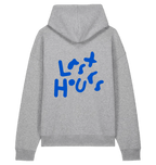 Grey LSTHRS relaxed hoodie with bold blue Last Hours print on the back