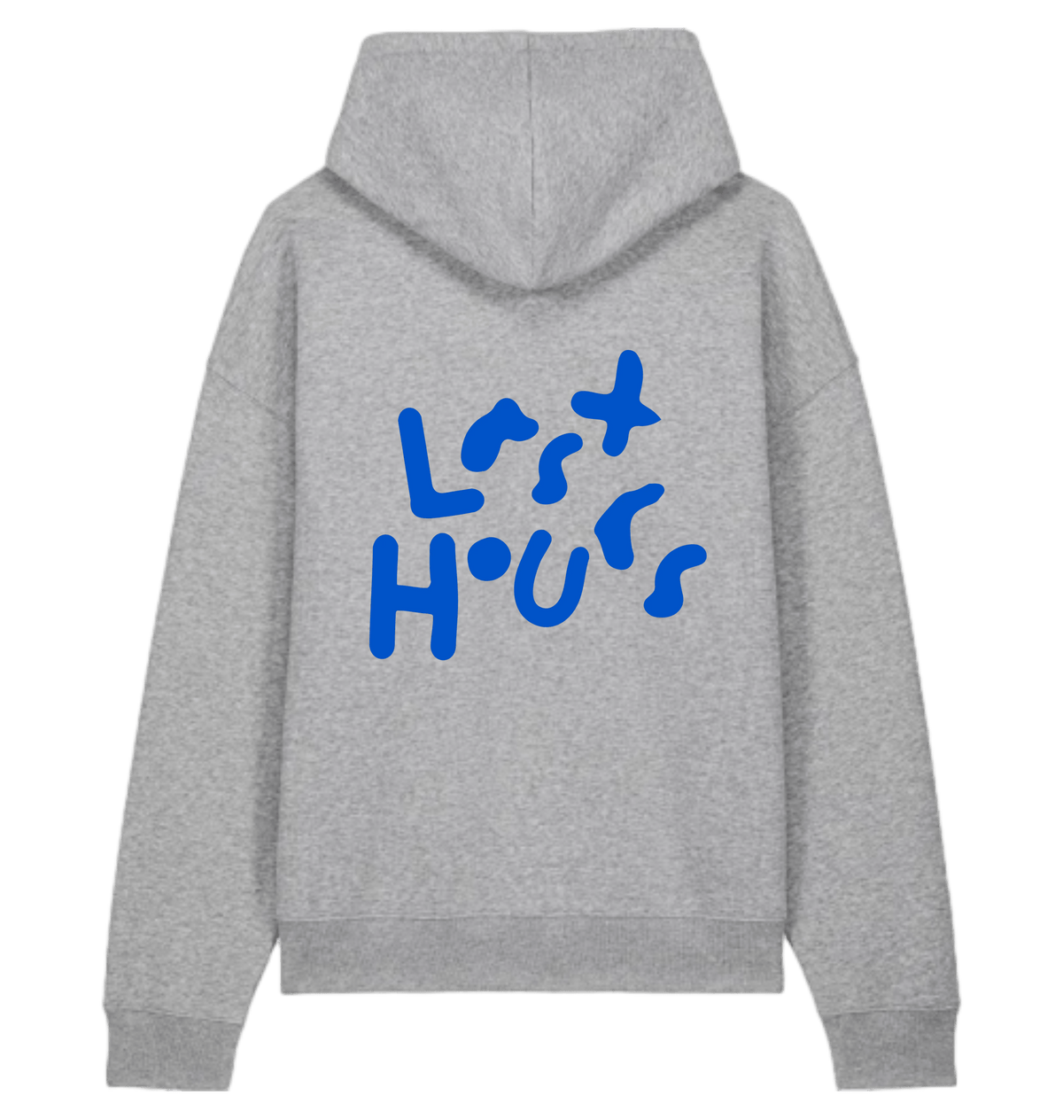 Grey LSTHRS relaxed hoodie with bold blue Last Hours print on the back