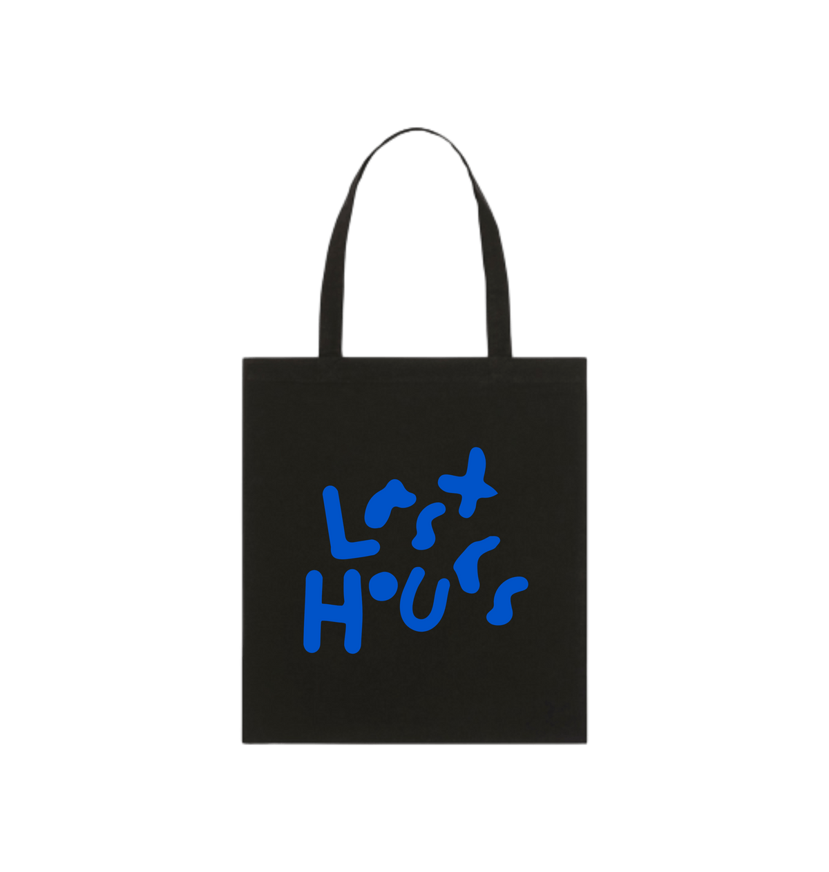 Black LSTHRS tote bag with bold blue Last Hours print on the front