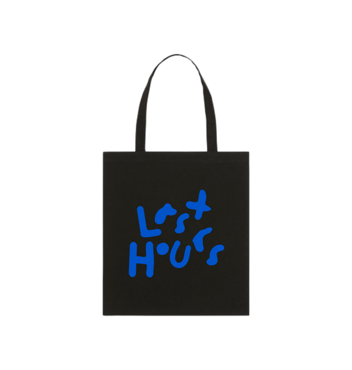 Black LSTHRS tote bag with bold blue Last Hours print on the front