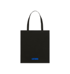 Back of black LSTHRS tote bag with small blue logo