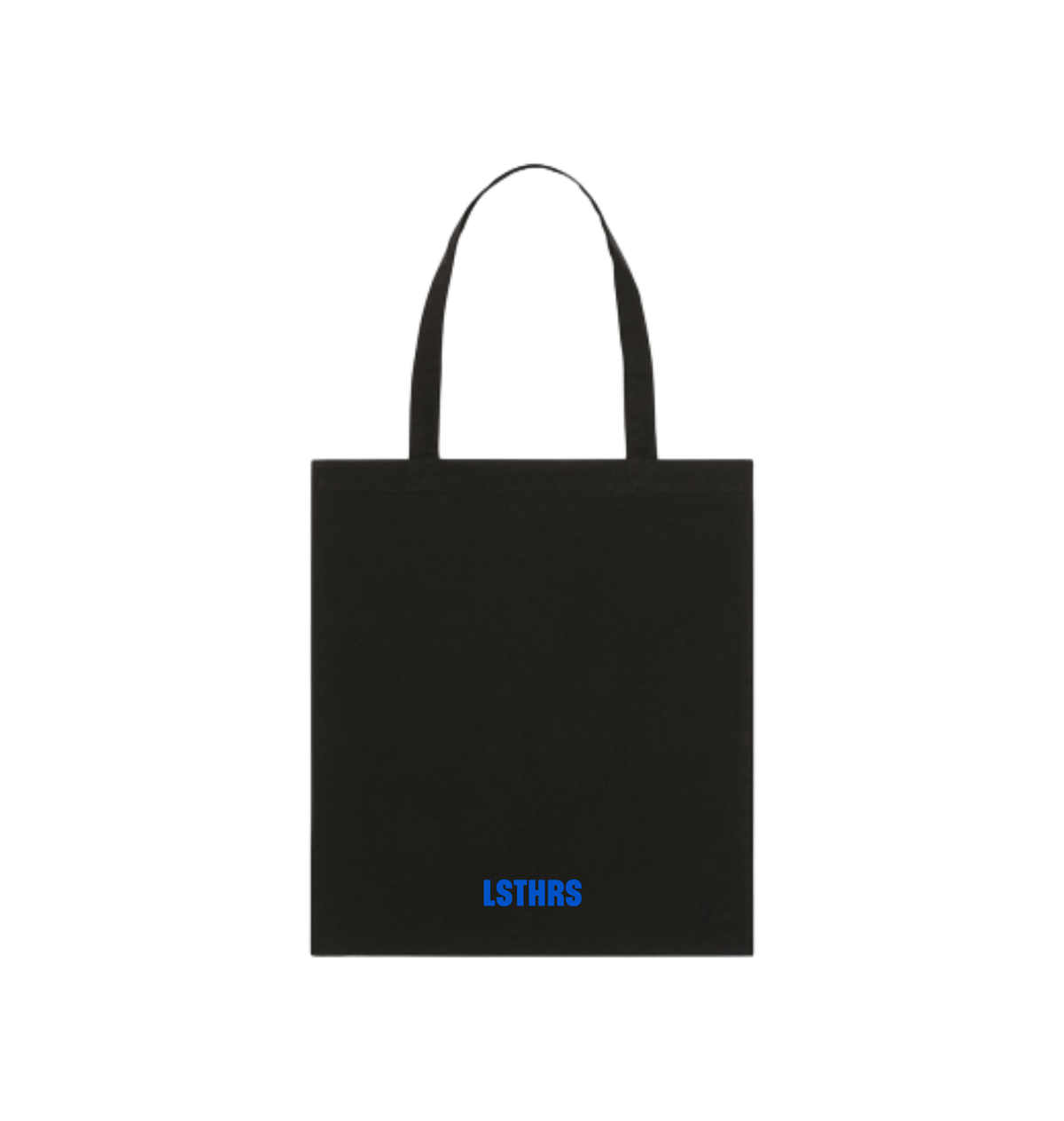 Back of black LSTHRS tote bag with small blue logo