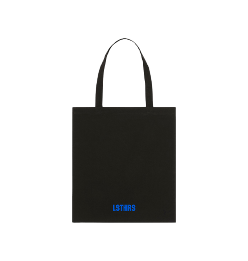 Back of black LSTHRS tote bag with small blue logo