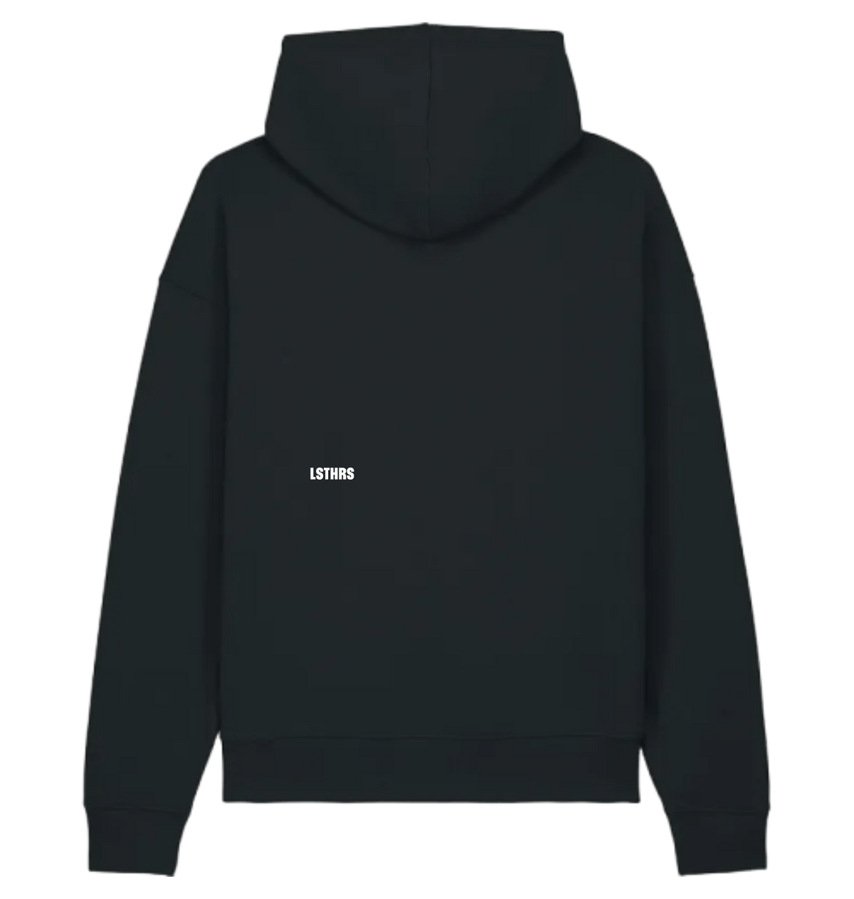 Back of black LSTHRS hoodie with embroidered logo