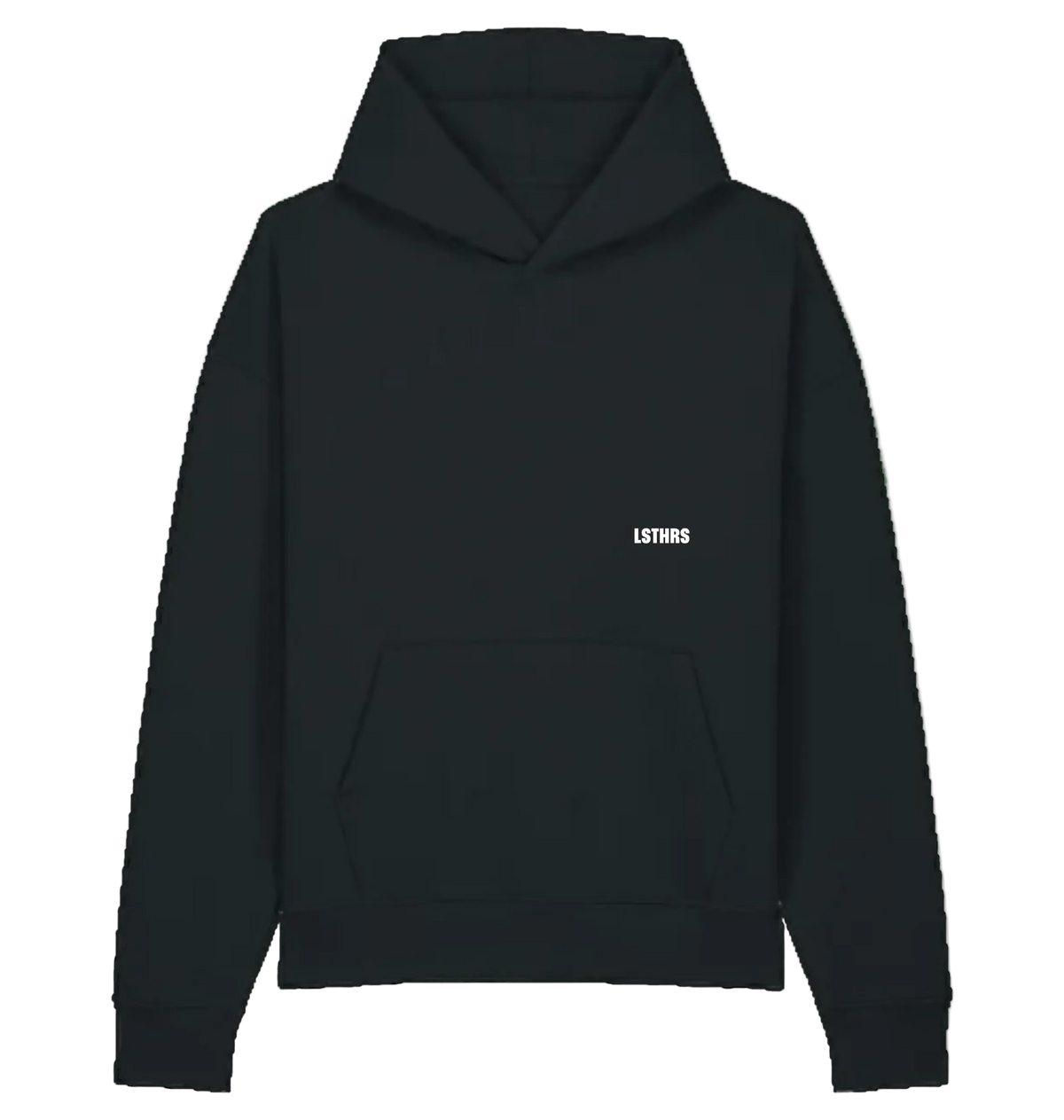 Black LSTHRS hoodie with small embroidered logo on the front