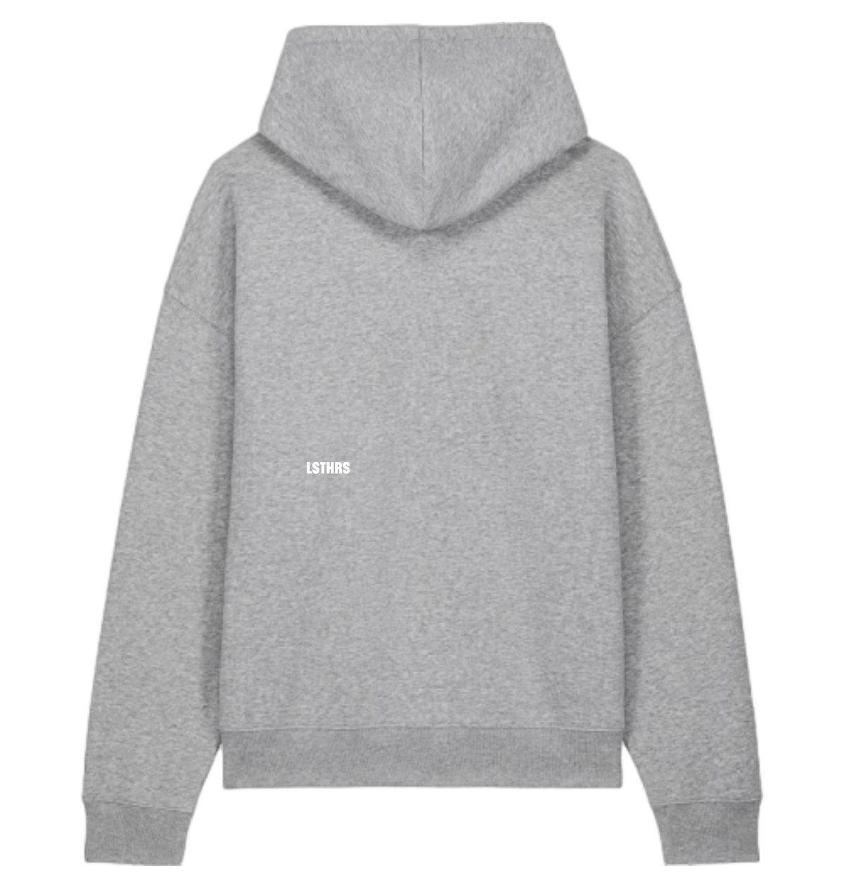 Back of grey LSTHRS hoodie with embroidered logo