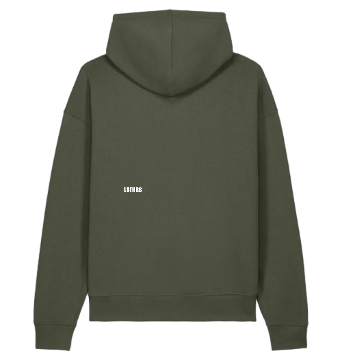 Back of khaki LSTHRS hoodie with embroidered logo