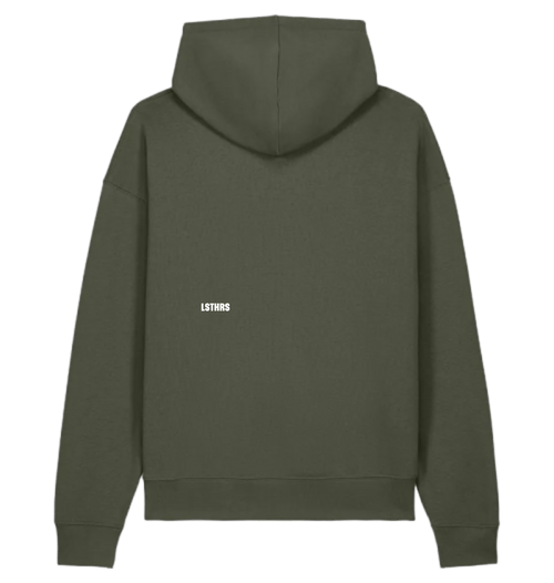 Back of khaki LSTHRS hoodie with embroidered logo