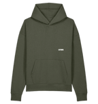 Back of khaki LSTHRS hoodie with embroidered logo