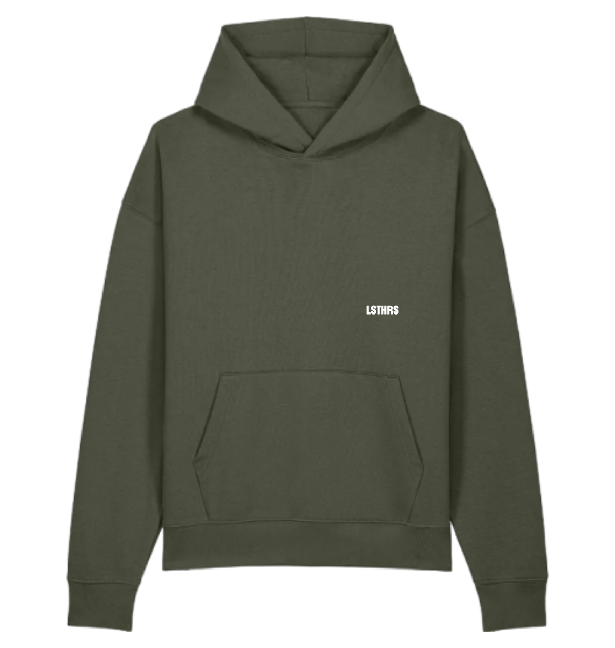 Back of khaki LSTHRS hoodie with embroidered logo