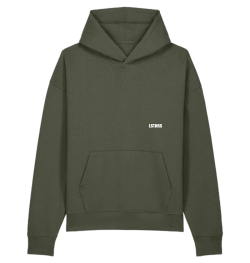 Back of khaki LSTHRS hoodie with embroidered logo