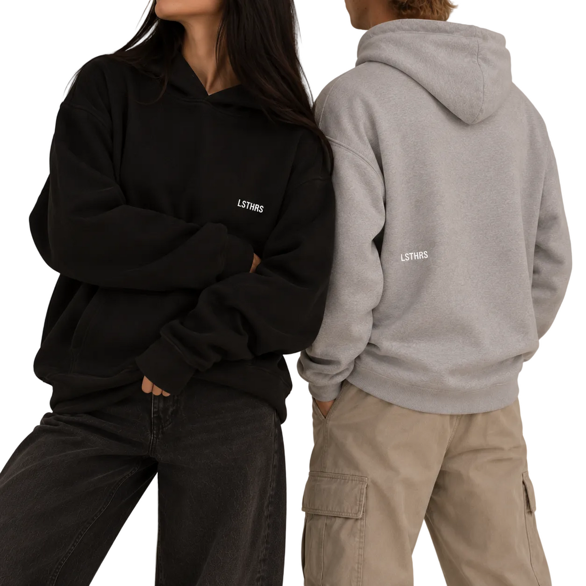 Two models wearing black and grey LSTHRS embroidered logo hoodies
