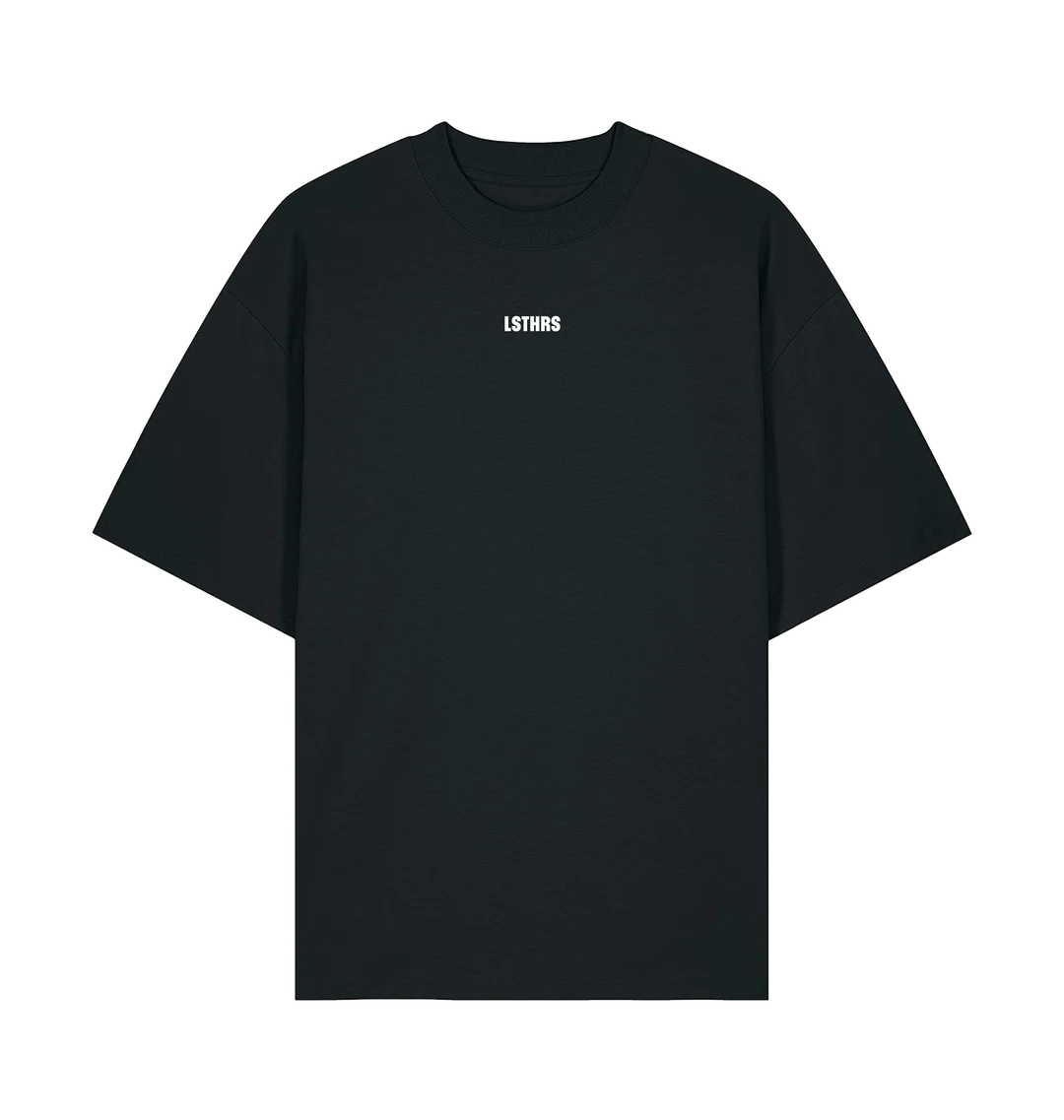 Black LSTHRS T-shirt with small white embroidered logo on the chest