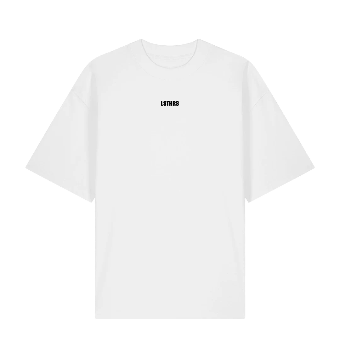 White LSTHRS T-shirt with small embroidered black logo on the chest