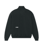 Back of black LSTHRS quarter-zip sweatshirt with subtle logo