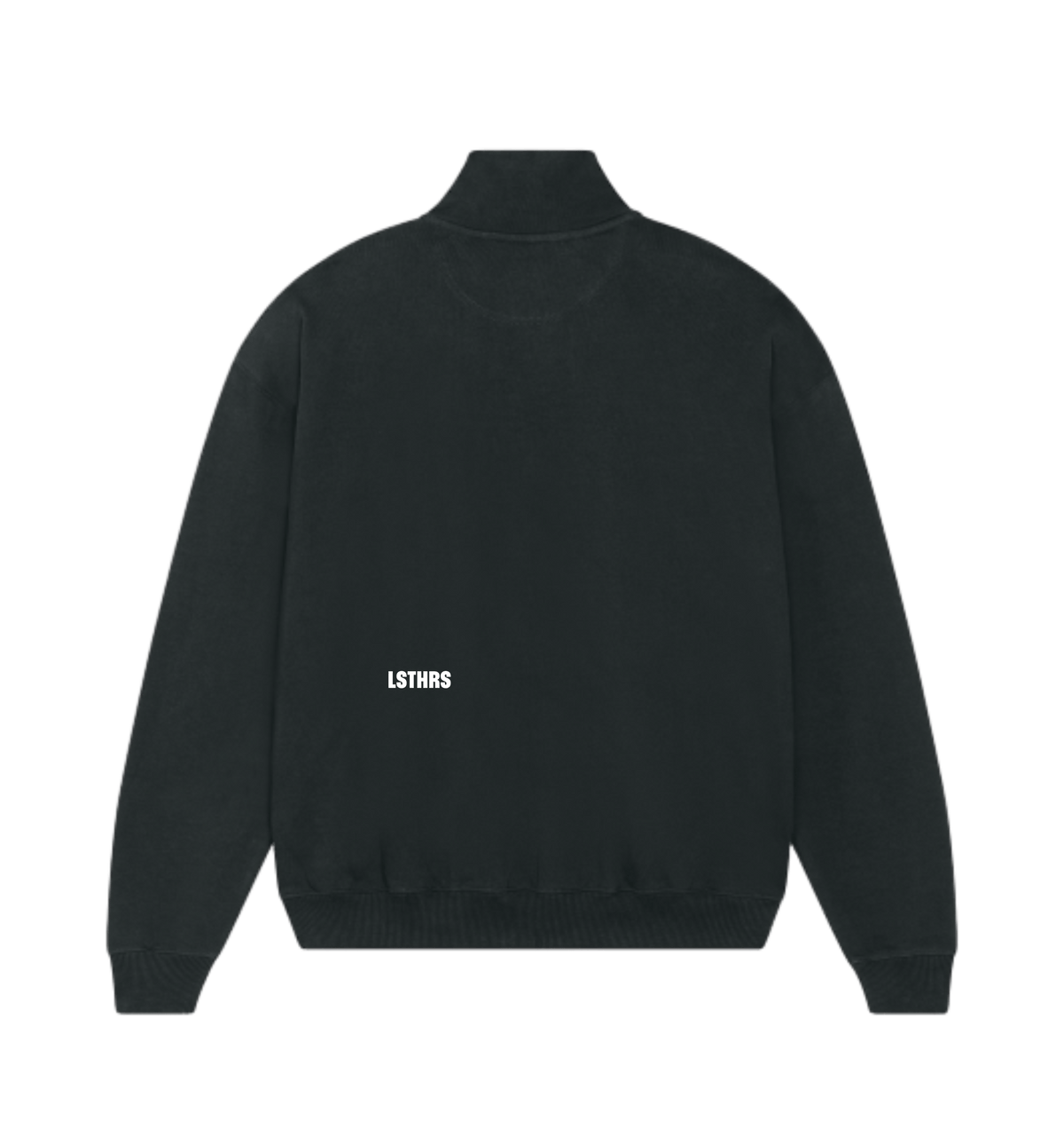 Back of black LSTHRS quarter-zip sweatshirt with subtle logo