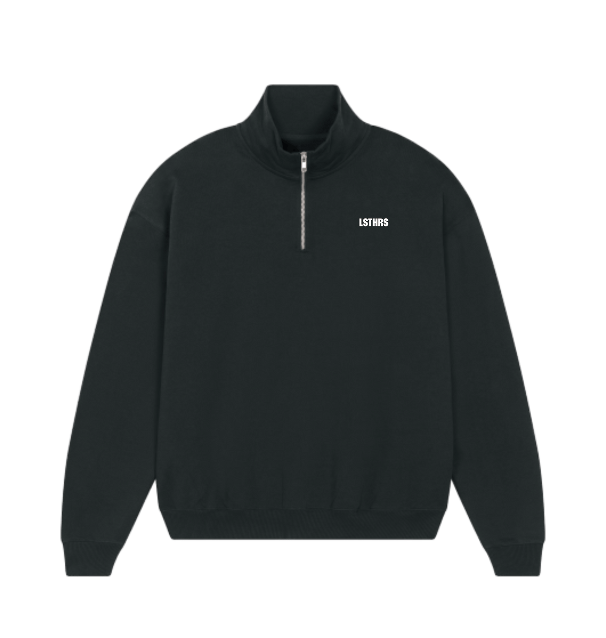 Black LSTHRS quarter-zip sweatshirt with small logo on the chest