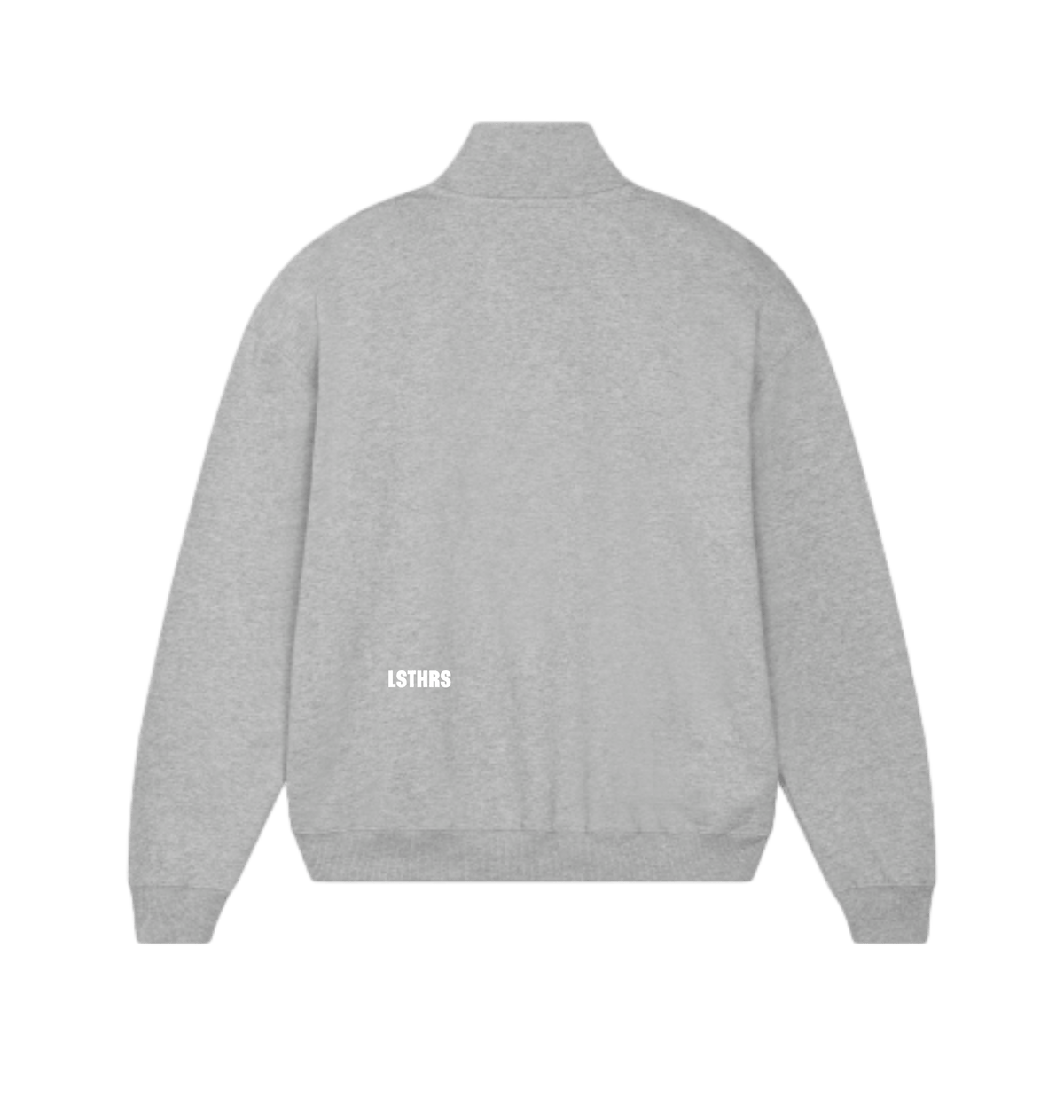 Back of grey LSTHRS quarter-zip sweatshirt with subtle white logo