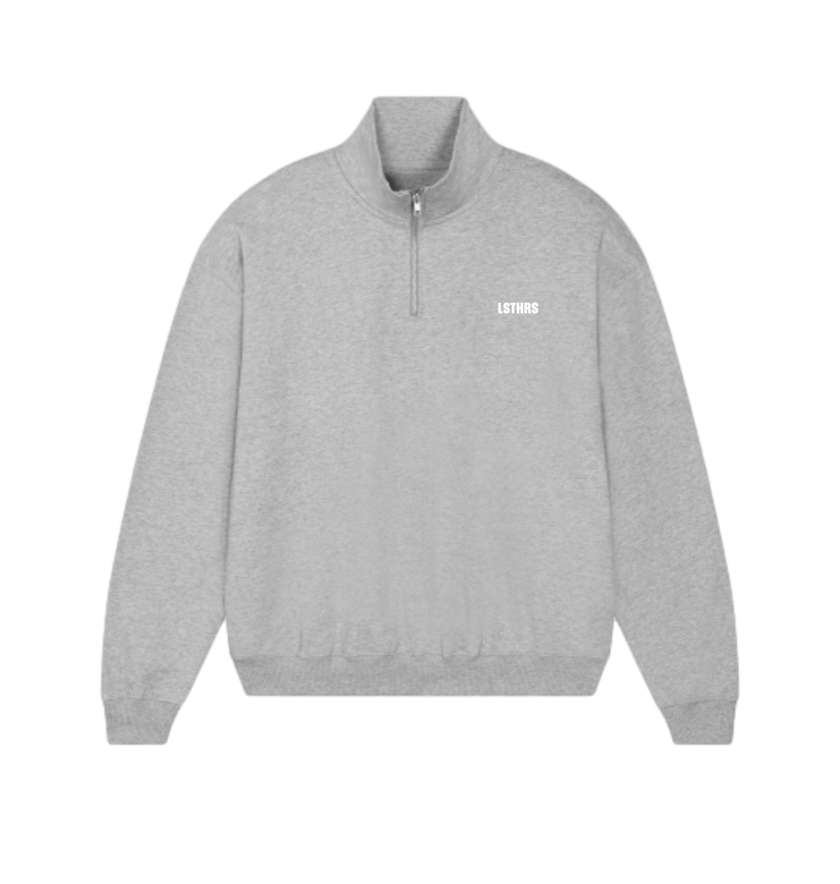 Grey LSTHRS quarter-zip sweatshirt with small white chest logo