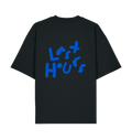 Black LSTHRS oversized T-shirt with bold blue Last Hours print on the back