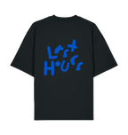 Black LSTHRS oversized T-shirt with bold blue Last Hours print on the back