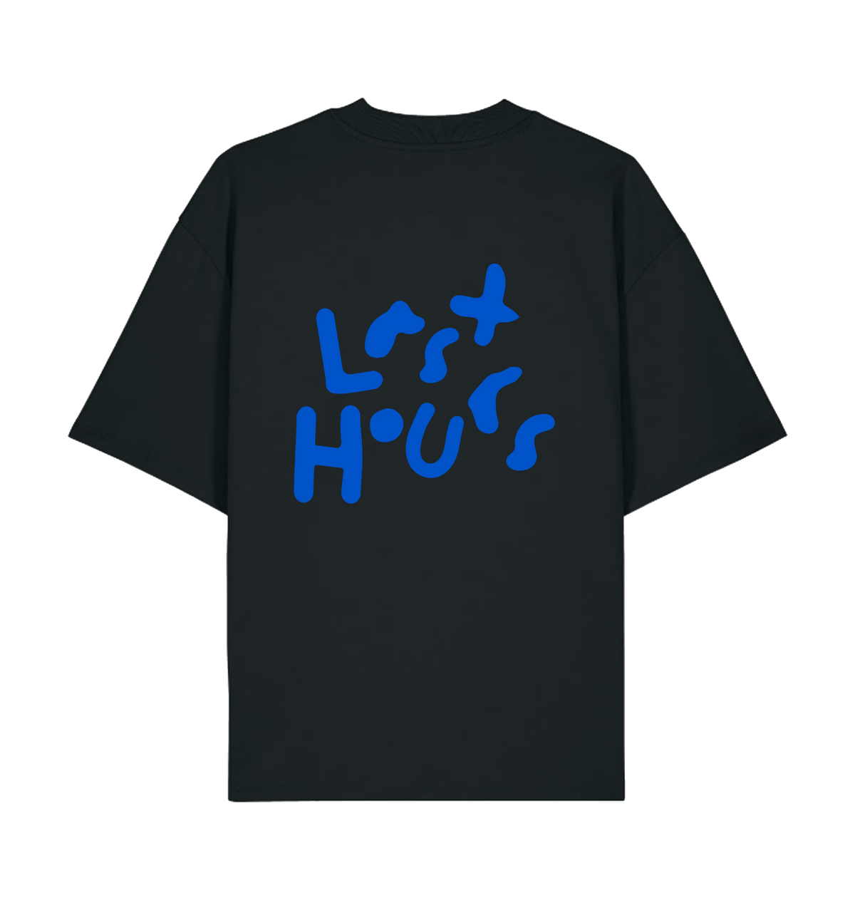 Black LSTHRS oversized T-shirt with bold blue Last Hours print on the back