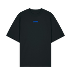 Black LSTHRS oversized T-shirt with small blue logo on the front