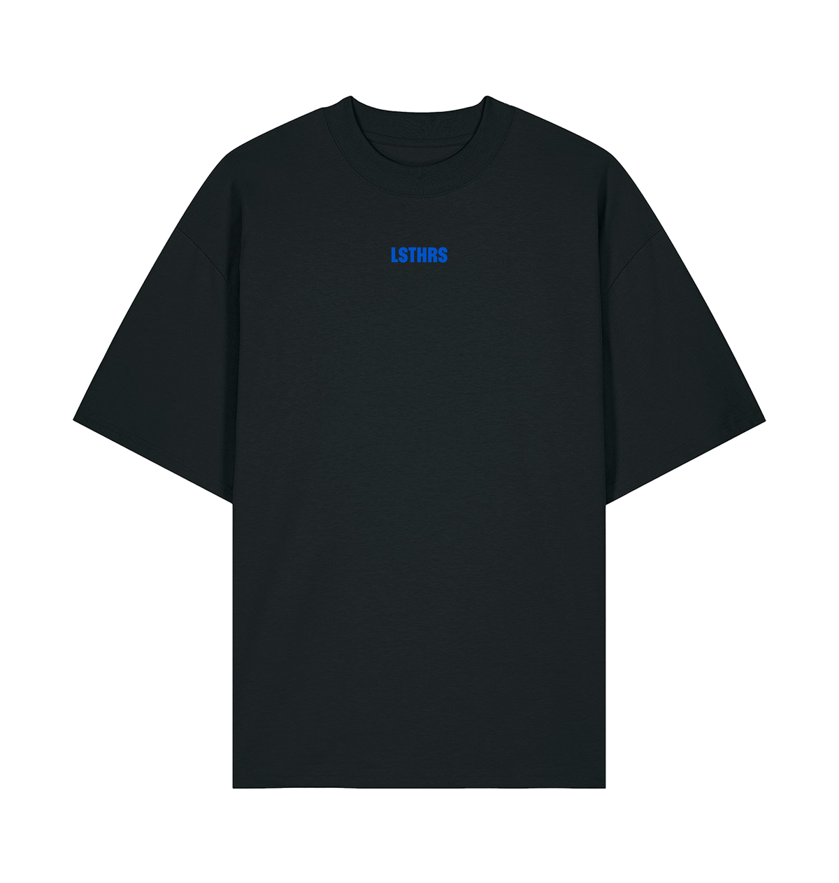 Black LSTHRS oversized T-shirt with small blue logo on the front
