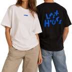 Two models wearing black and white LSTHRS Last Hours oversized T-shirts