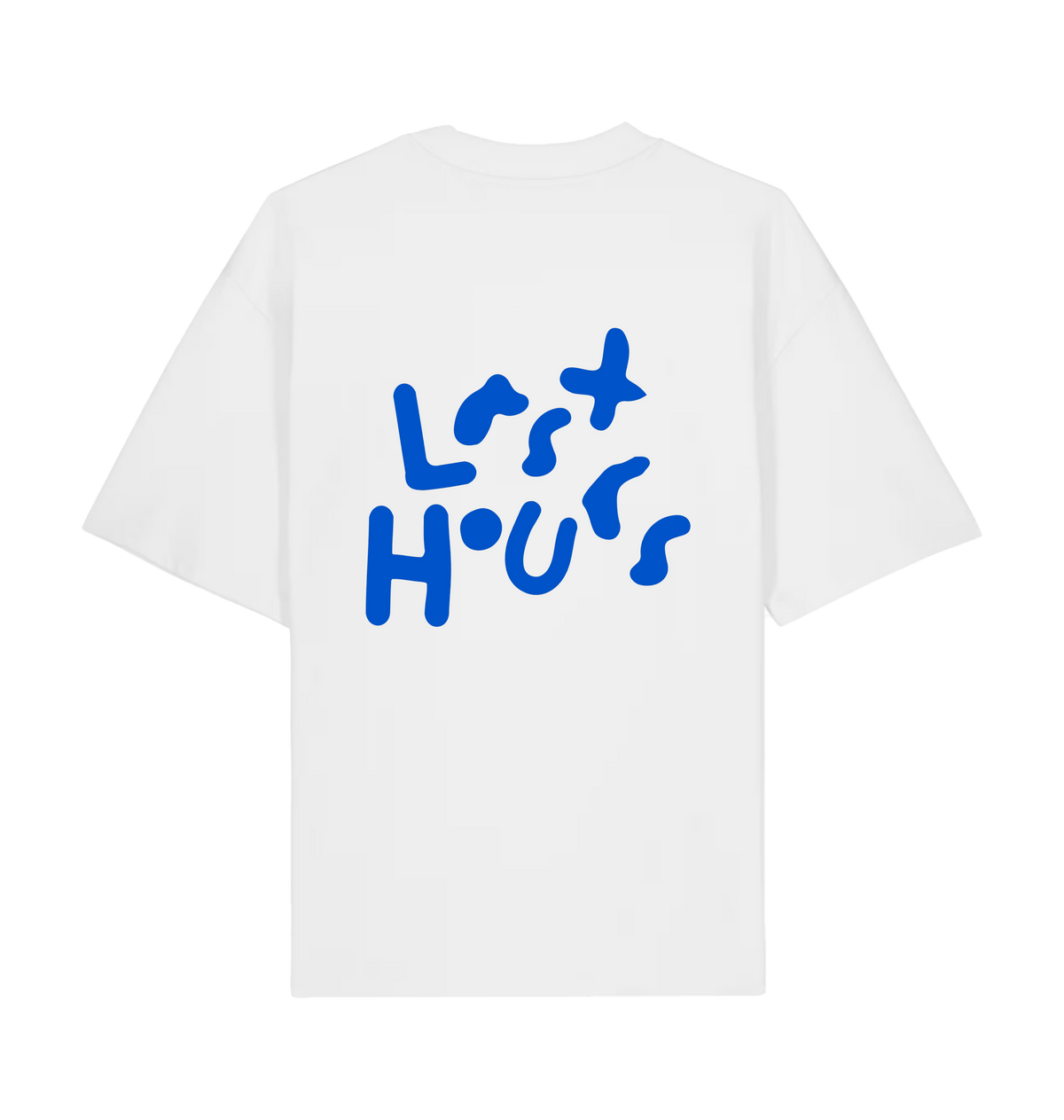 White LSTHRS oversized T-shirt with bold blue Last Hours back print