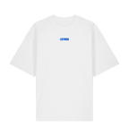 White LSTHRS oversized T-shirt with small blue logo on the front
