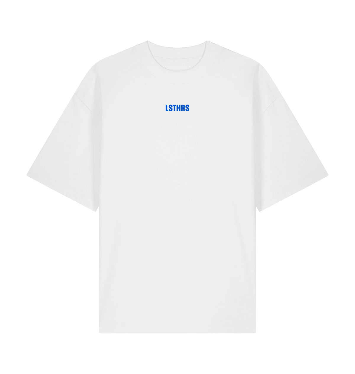 White LSTHRS oversized T-shirt with small blue logo on the front