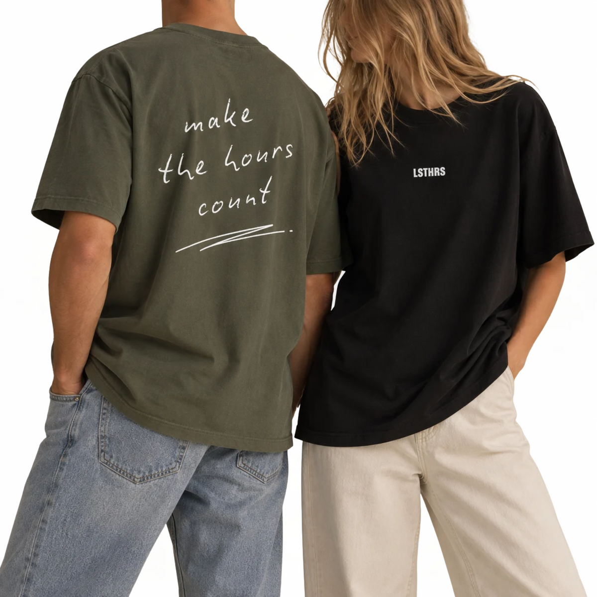 Two models wearing black and khaki LSTHRS Make the Hours Count oversized T-shirts