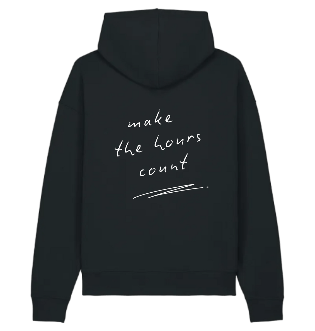 Black LSTHRS relaxed hoodie with Make the Hours Count print on the back