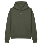 Khaki LSTHRS relaxed hoodie with small logo on the front