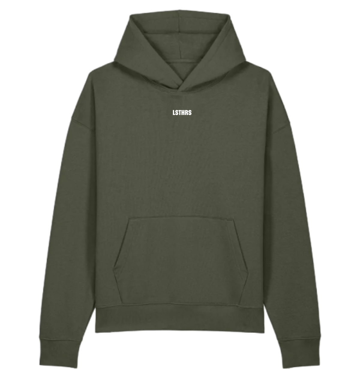 Khaki LSTHRS relaxed hoodie with small logo on the front
