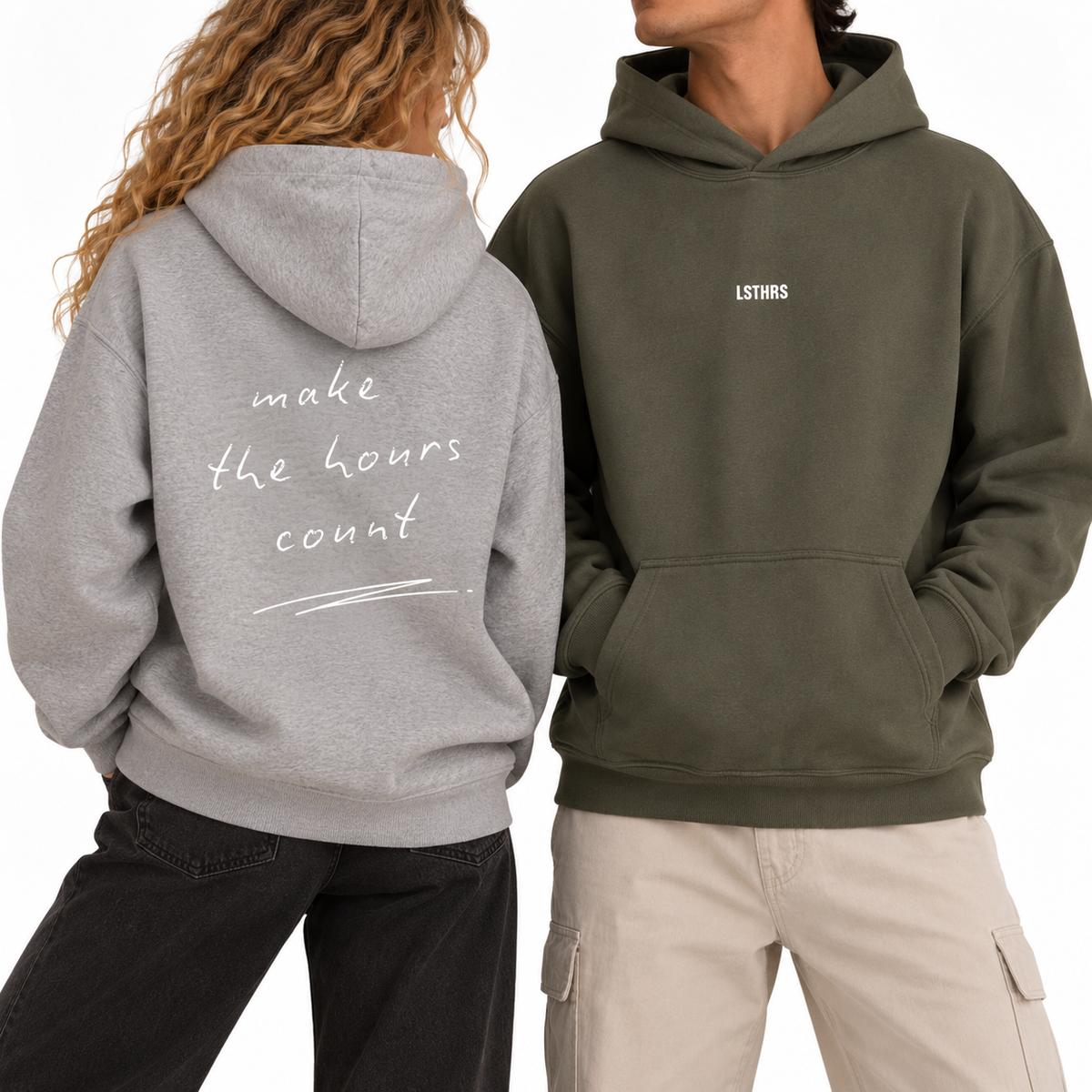Two models wearing grey and khaki LSTHRS Make the Hours Count hoodies