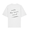 White LSTHRS oversized T-shirt with Make the Hours Count graphic printed on the back.