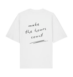 White LSTHRS oversized T-shirt with Make the Hours Count graphic printed on the back.